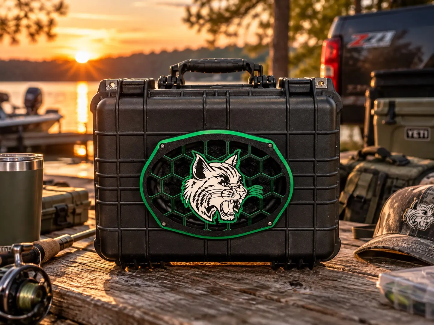 HARPE H1 speaker with a custom Bobcat grille beside a lake at sunset